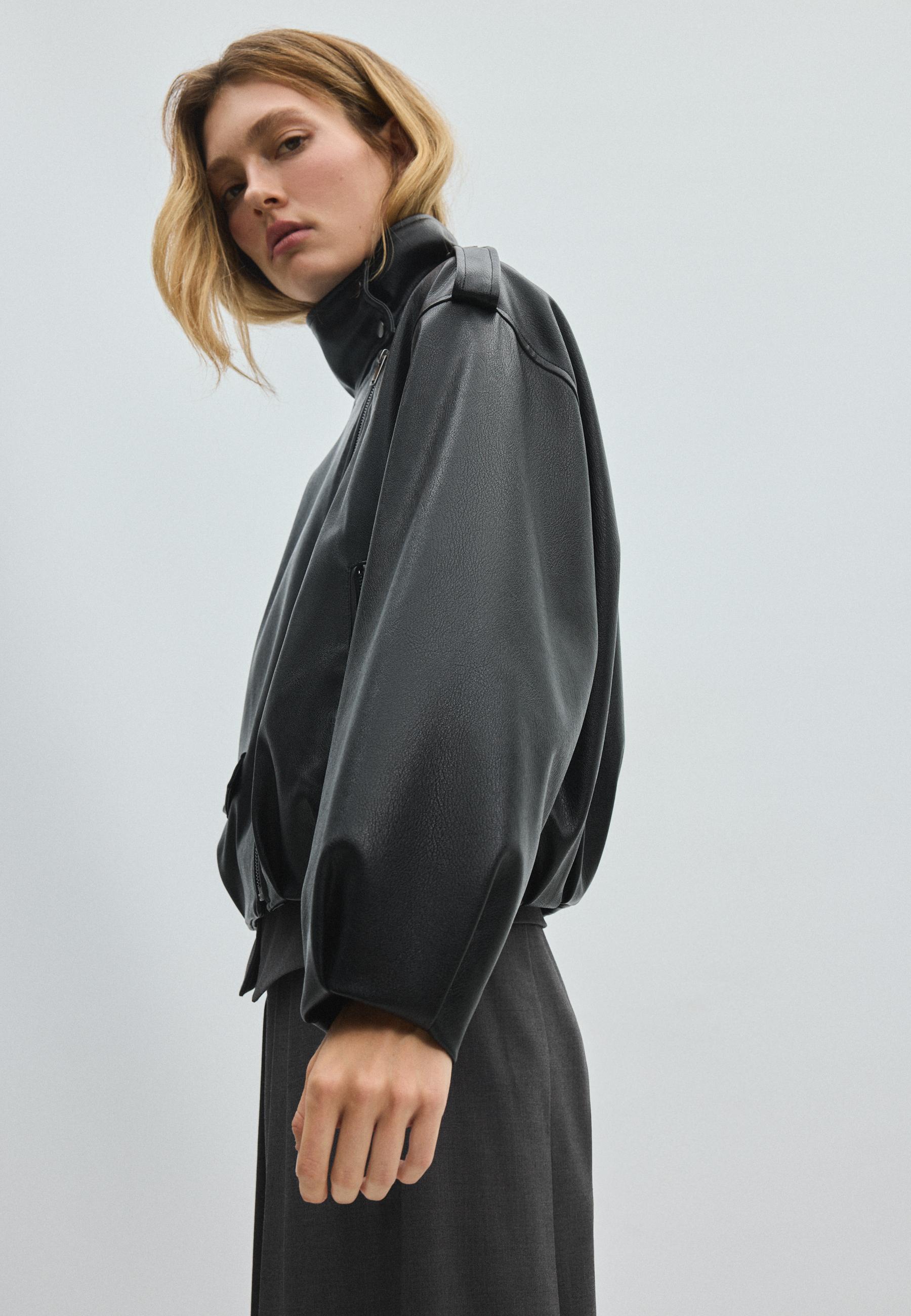 Leather effect balloon sleeve biker jacket — Black