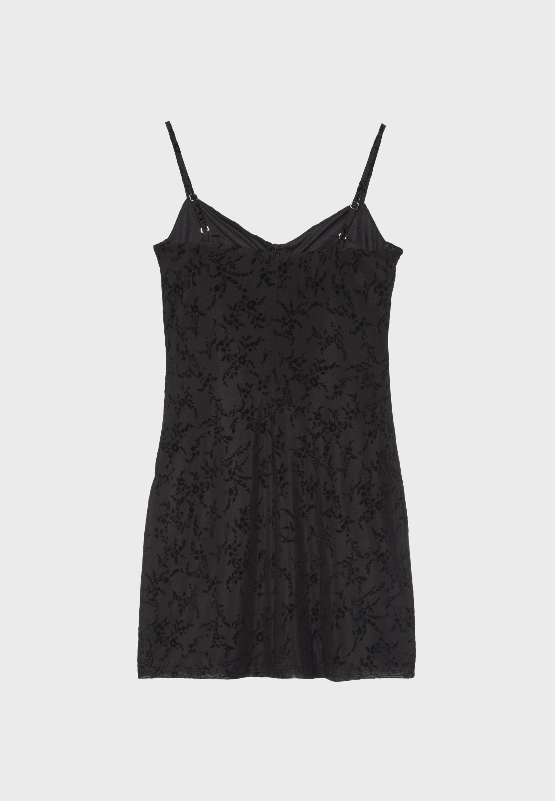 Short flocked strappy dress — Black