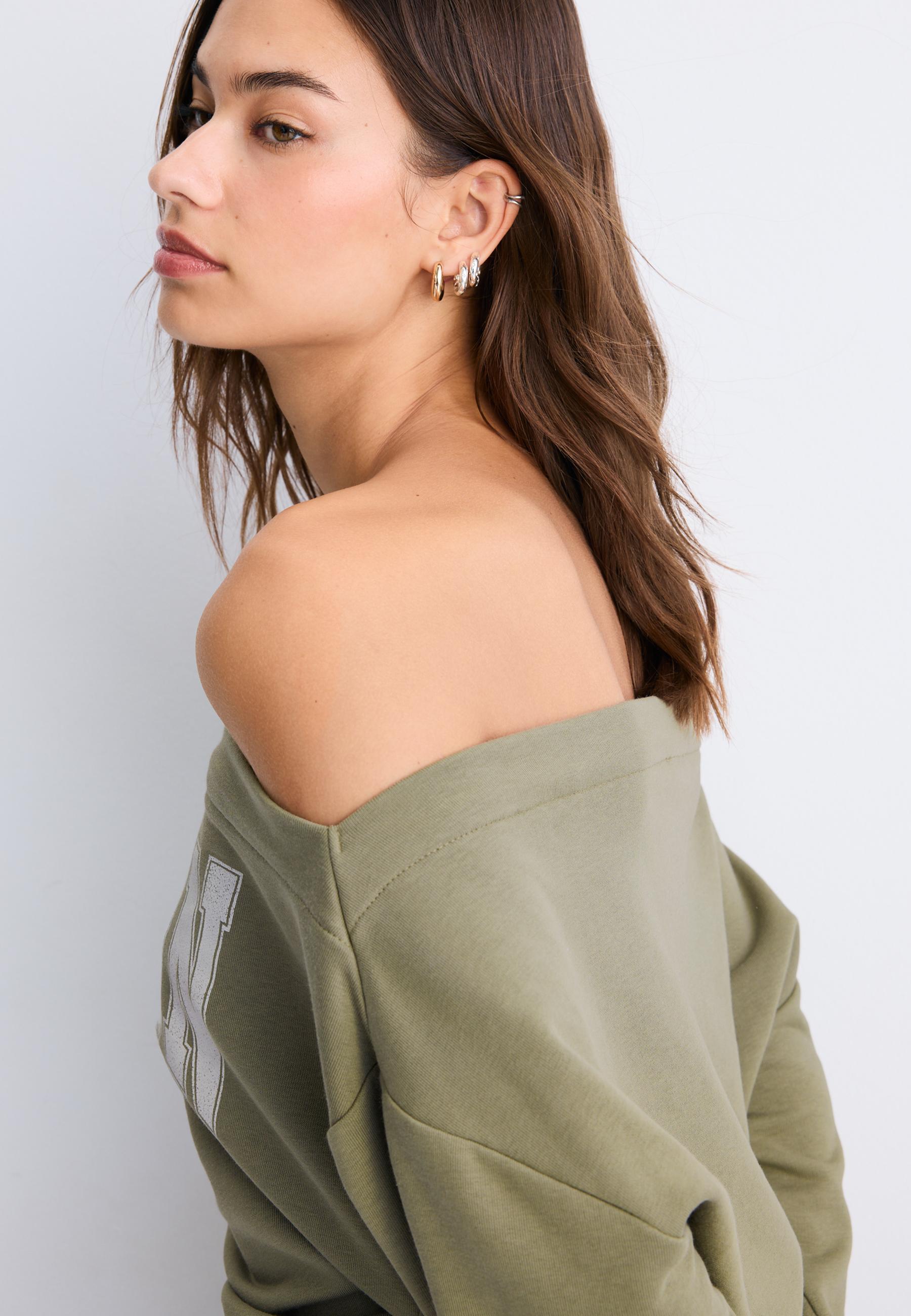 Cropped boat neck sweatshirt — Khaki