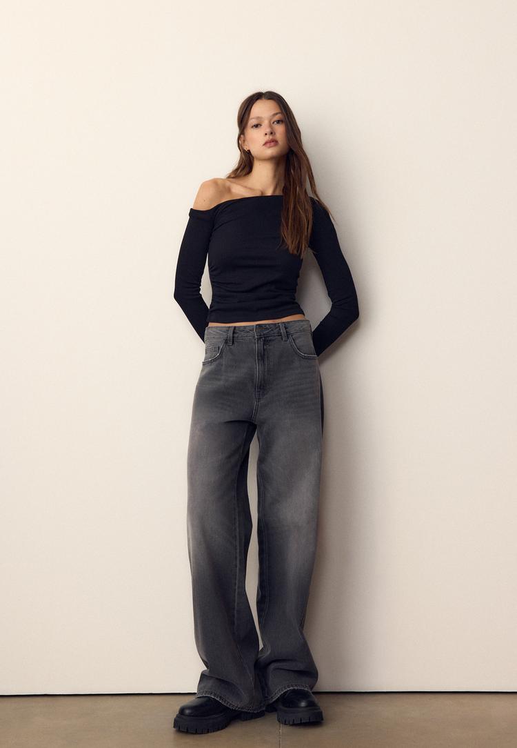 Stradivarius Asymetrické Tričko S Nabíráním Black L