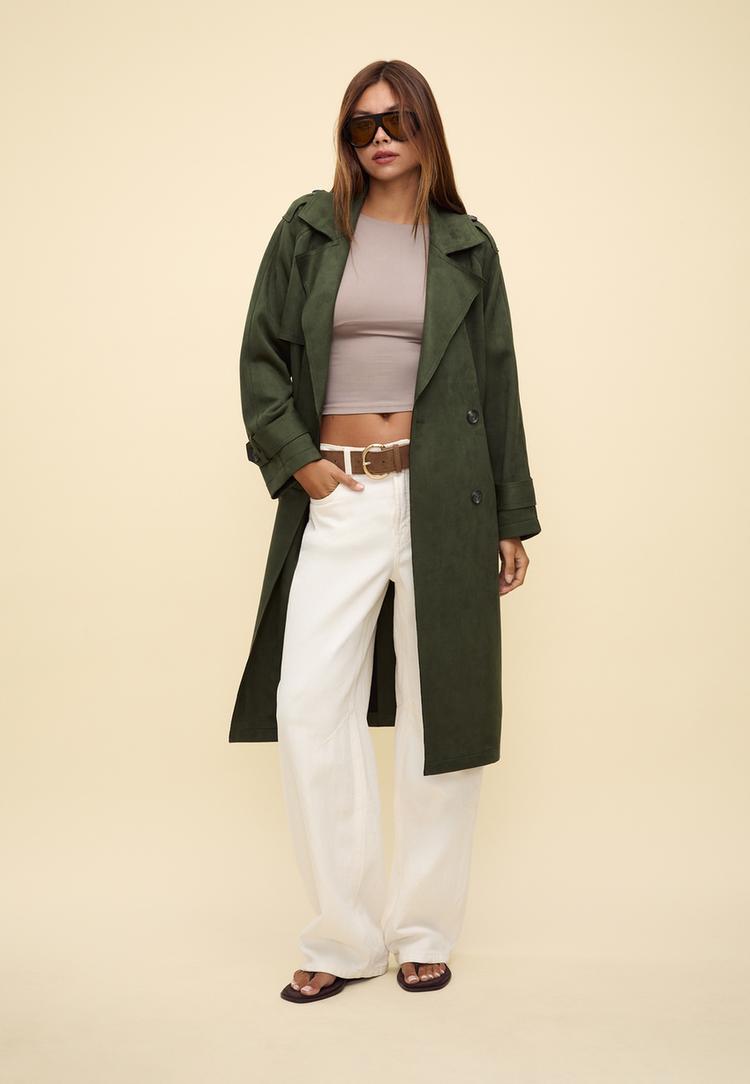 long faux suede trench coat