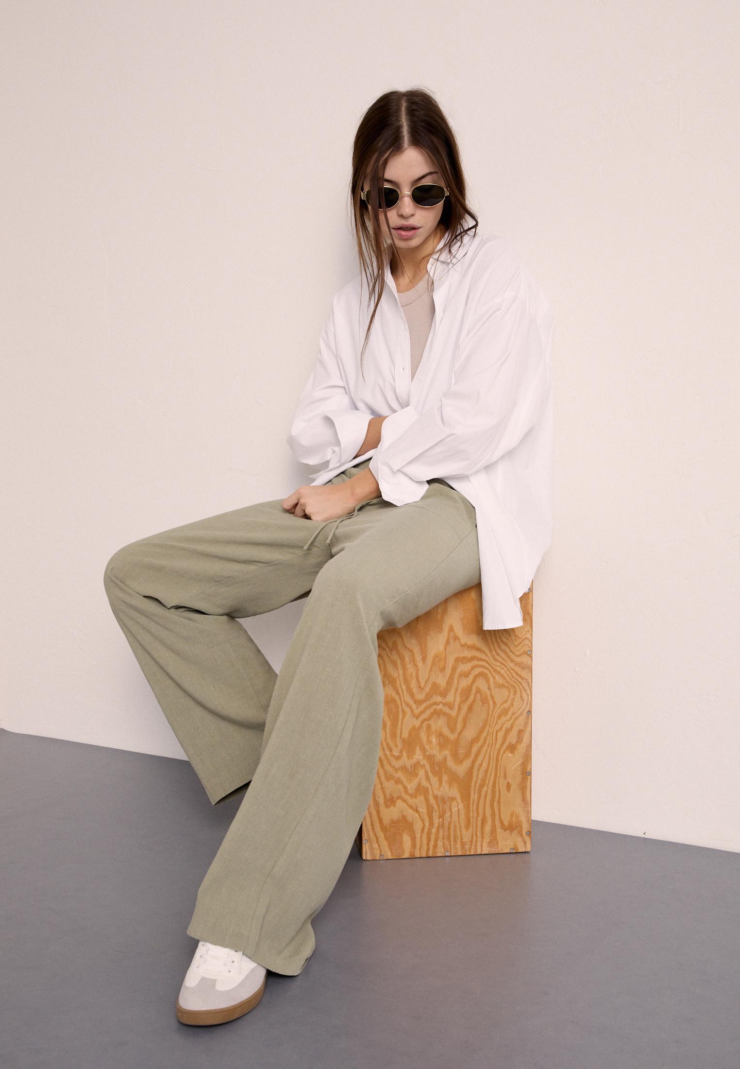 Straight-leg linen-look trousers — Khaki