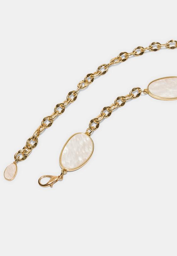 Stradivarius Metal Belt With Coloured Stones And Chain Ecru S