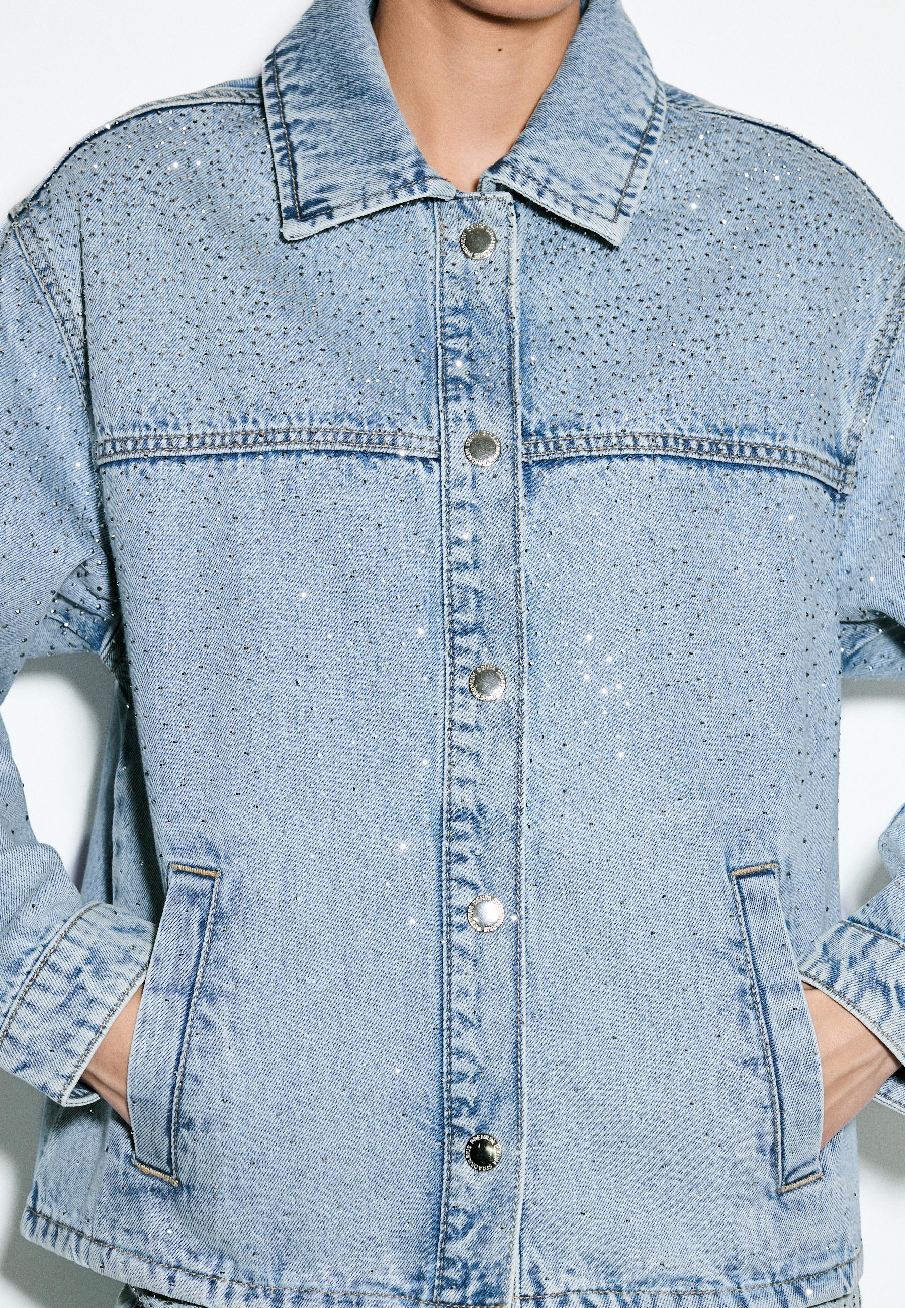 Denim jacket with patch pockets and rhinestones — MEDIUM LIGHT BLUE DENIM