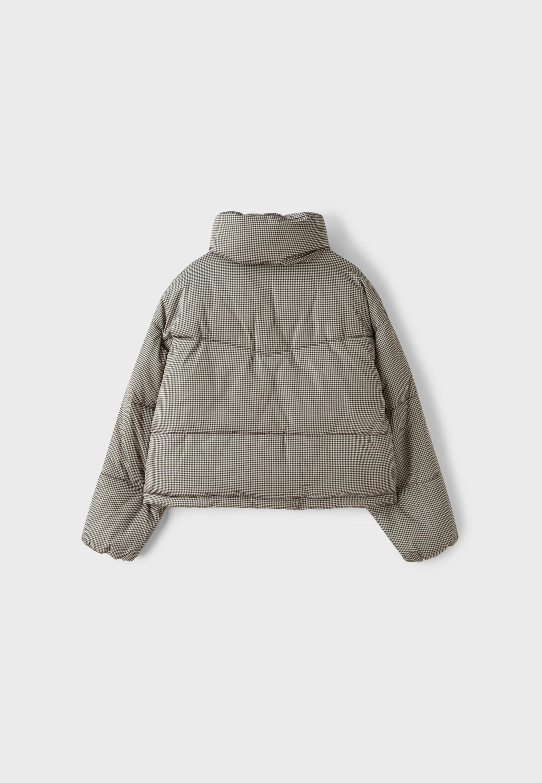Check high-neck cropped padded jacket — Beige