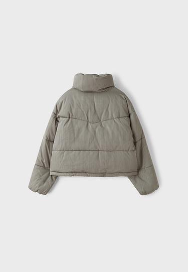Checked high neck cropped puffer jacket — Beige 7