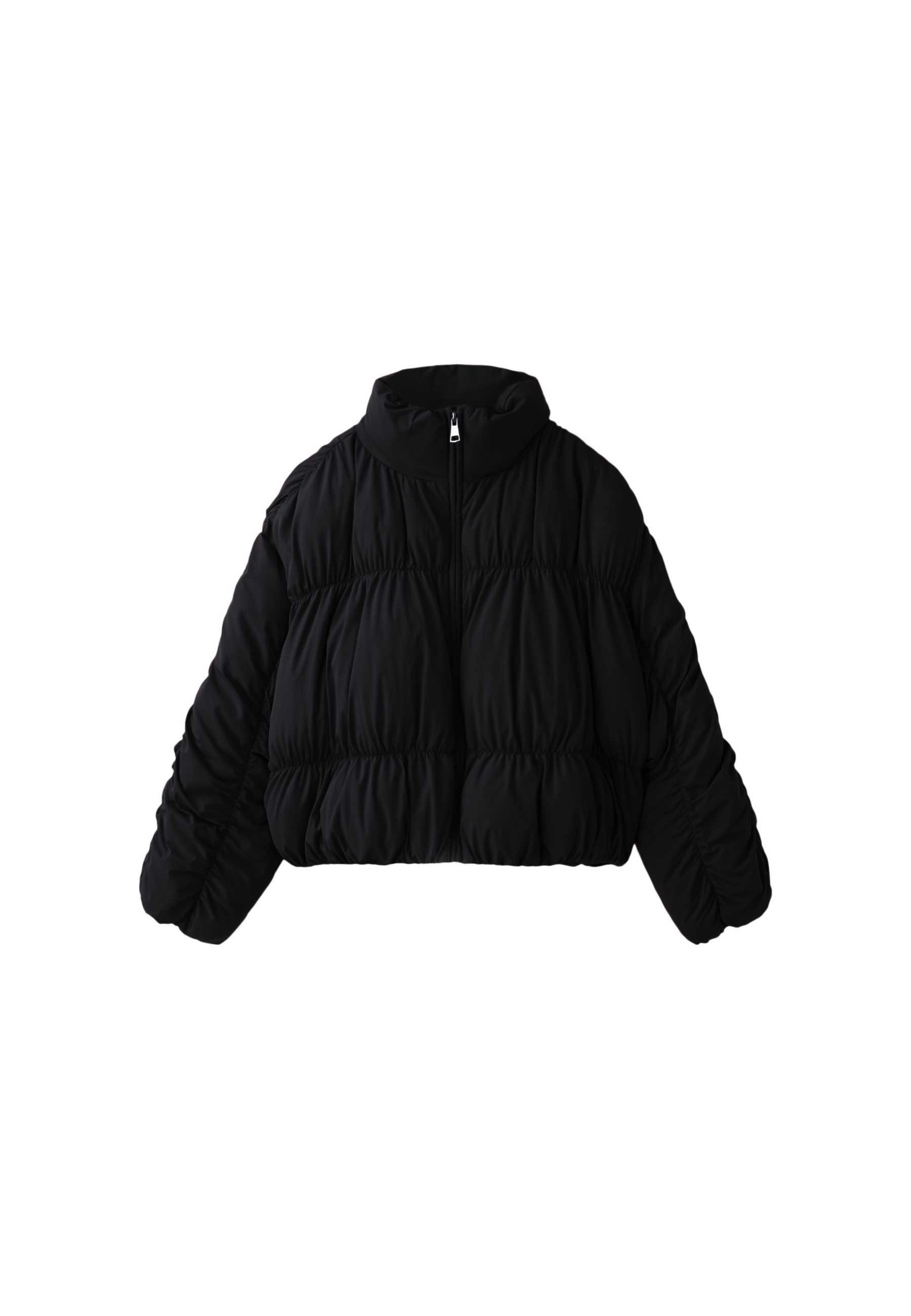 Padded jacket with high neck and gathered detail — Black
