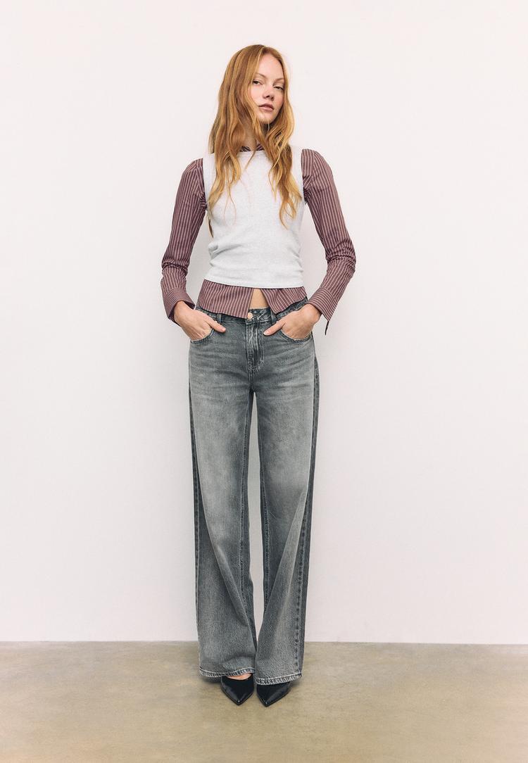 Stradivarius Βασικό Fitted Ριγέ Πουκάμισο Καφέ Xs