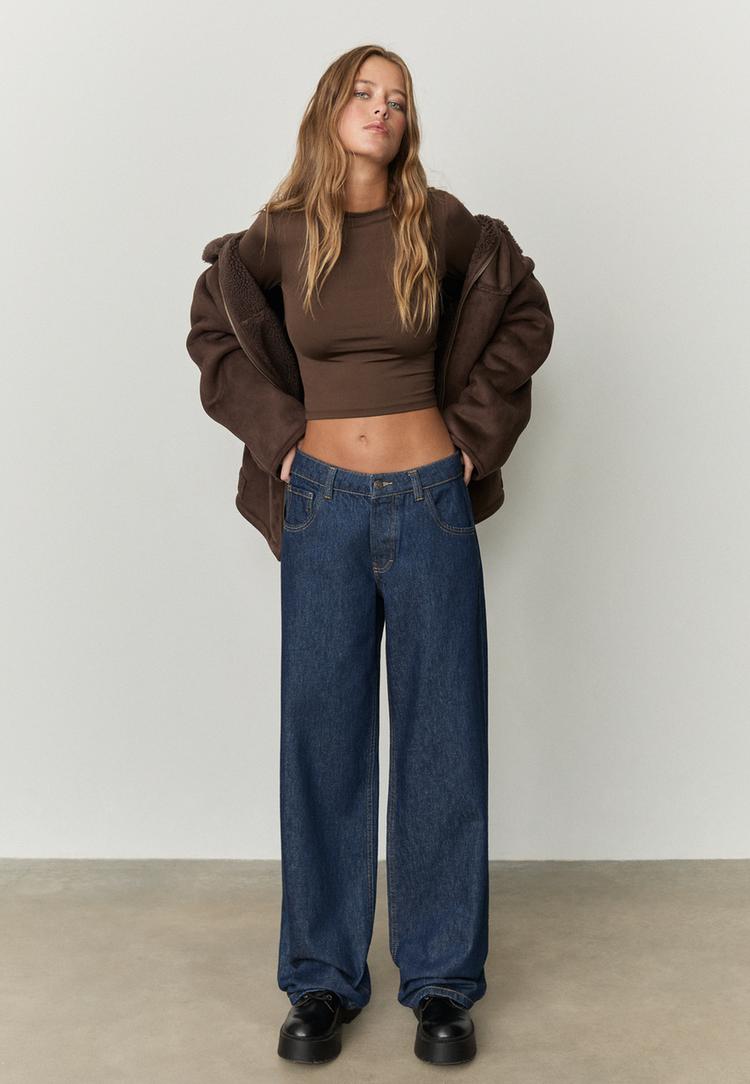 Stradivarius Μακρυμάνικη Μπλούζα Από Πολυαμίδιο Καφέ Xs