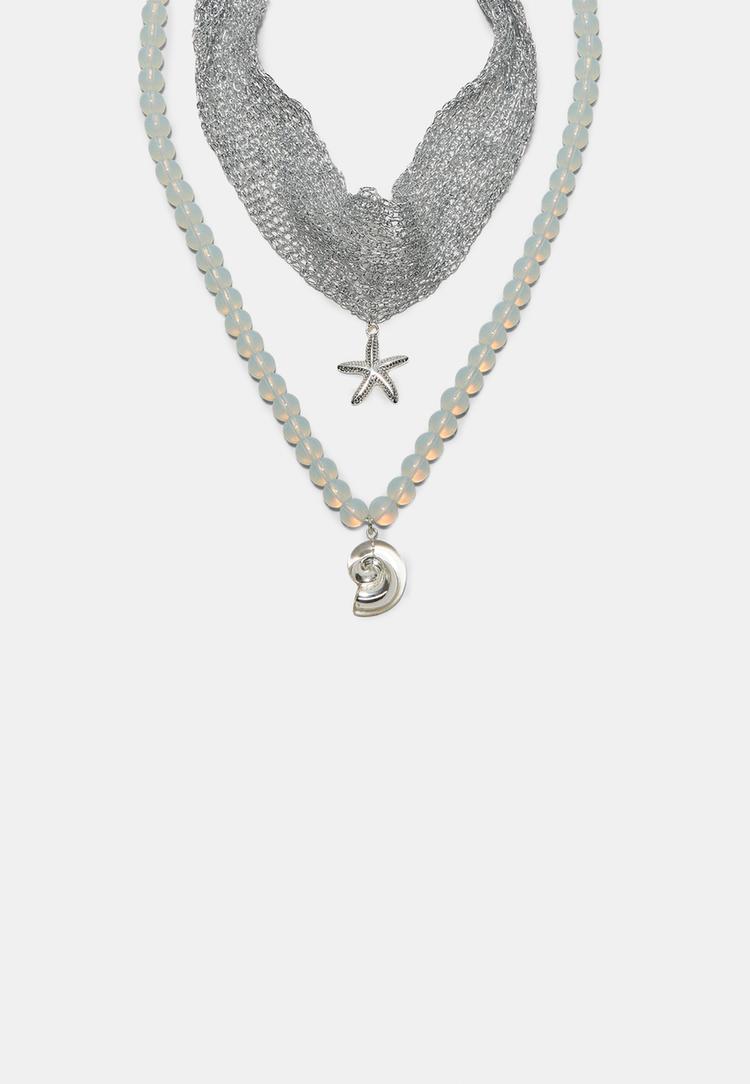 Stradivarius Σετ 2 Κολιέ Με Θαλασσινά Charms Γκρι Os