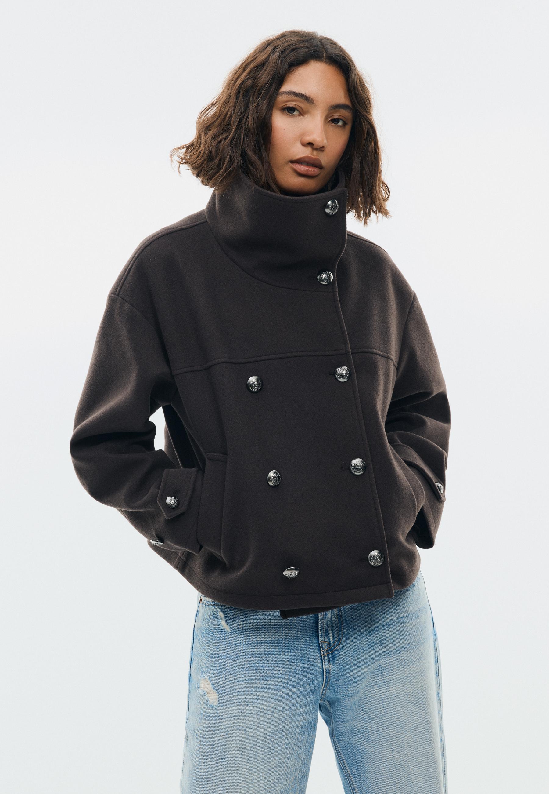 Soft-touch crossover high neck jacket — Brown