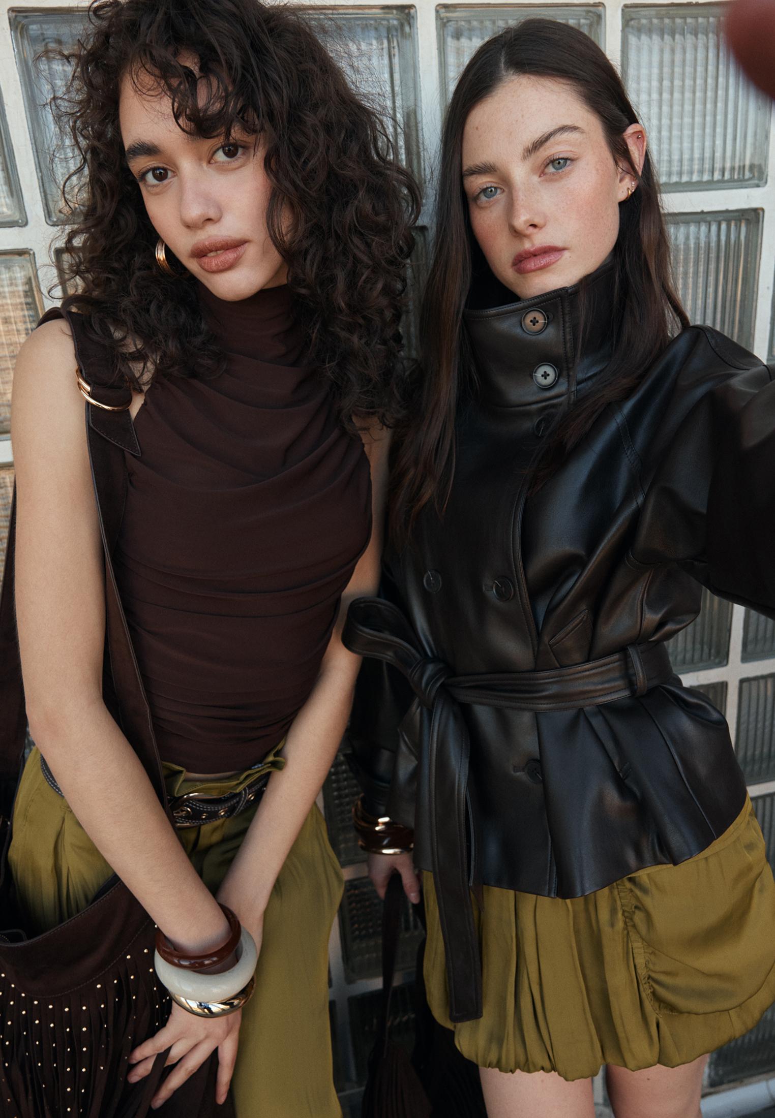 High neck leather effect trench coat — Brown