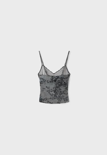 Fitted flocked lace top — Dark grey 8