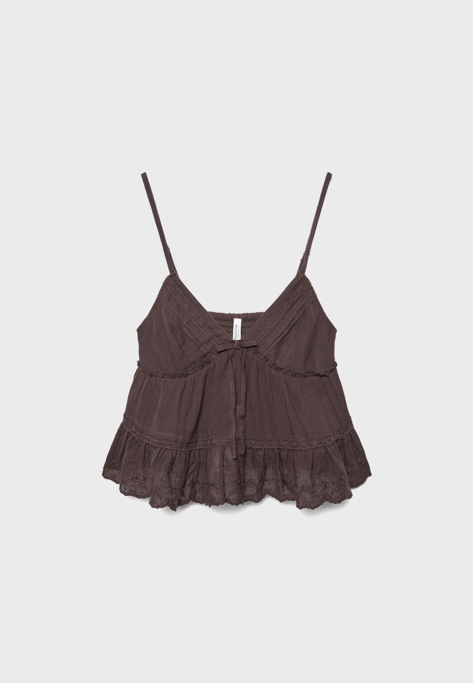 Embroidered flowing strappy top — Brown