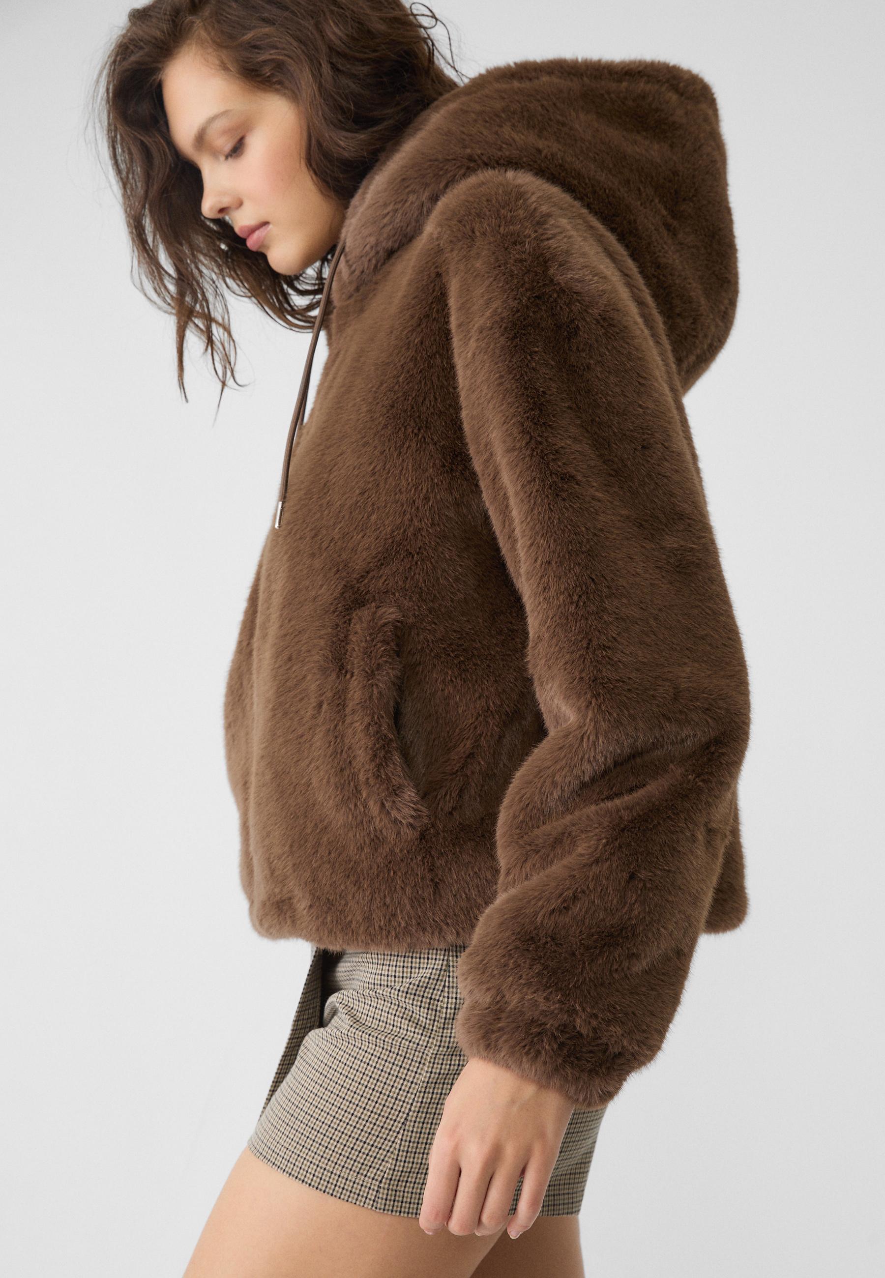 Brown faux fur hoodie on sale