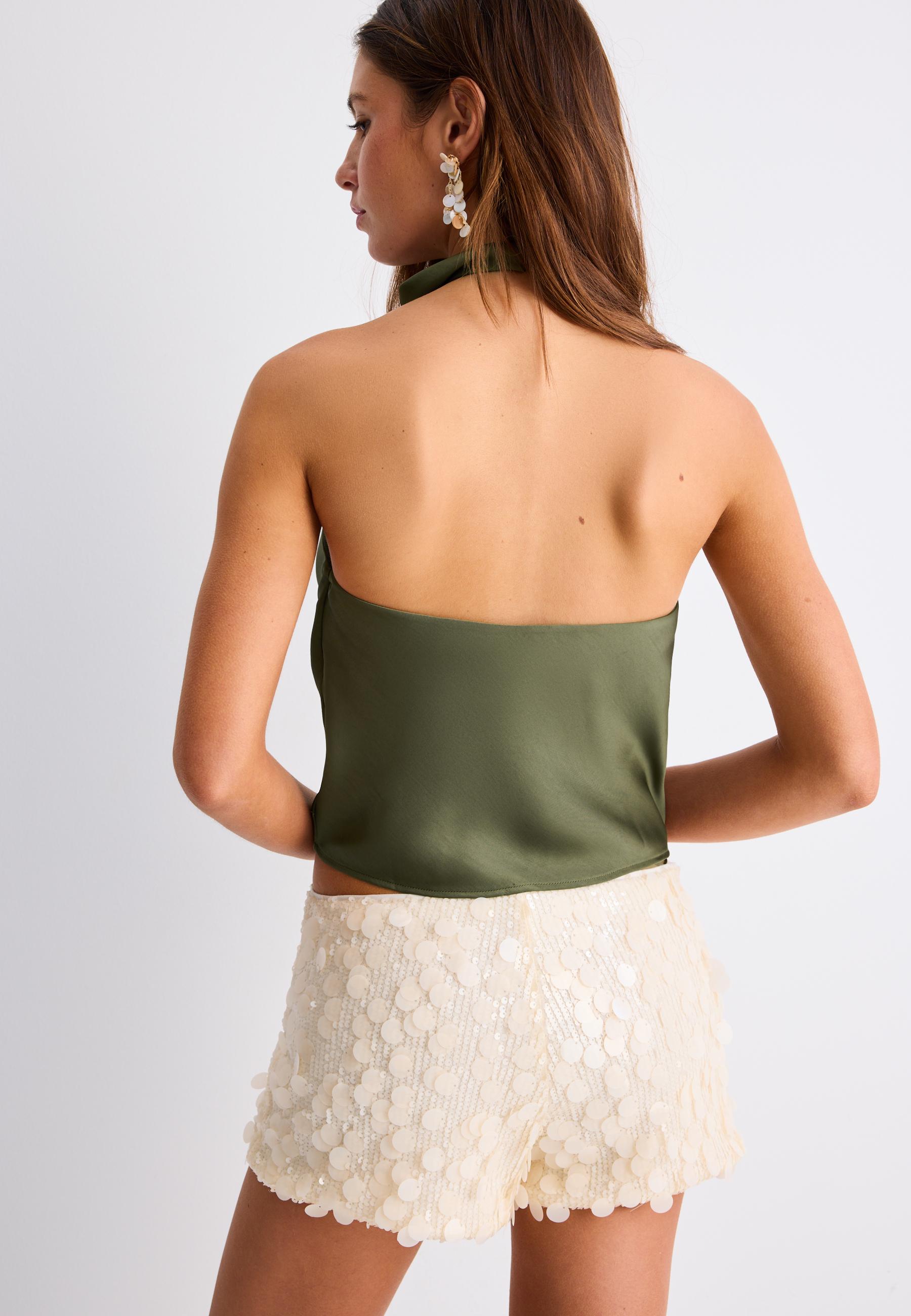 Satin effect halter top — Khaki