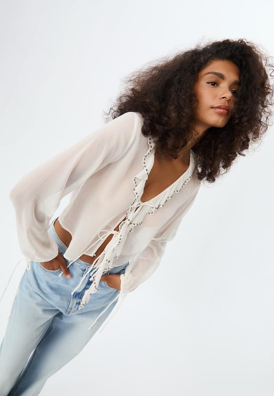 embroidered ruffled blouse with studs