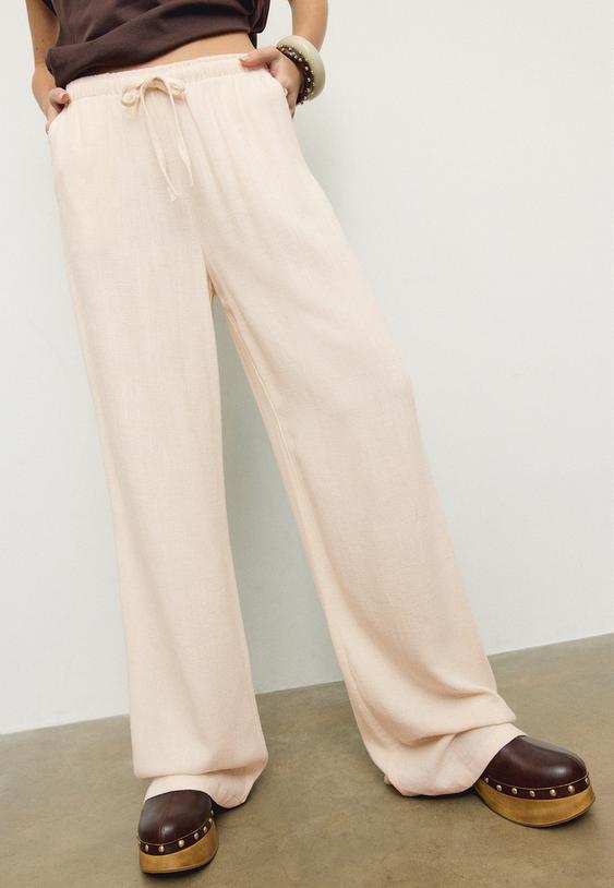 Stradivarius Flowing Linen-Effect Trousers Stone S