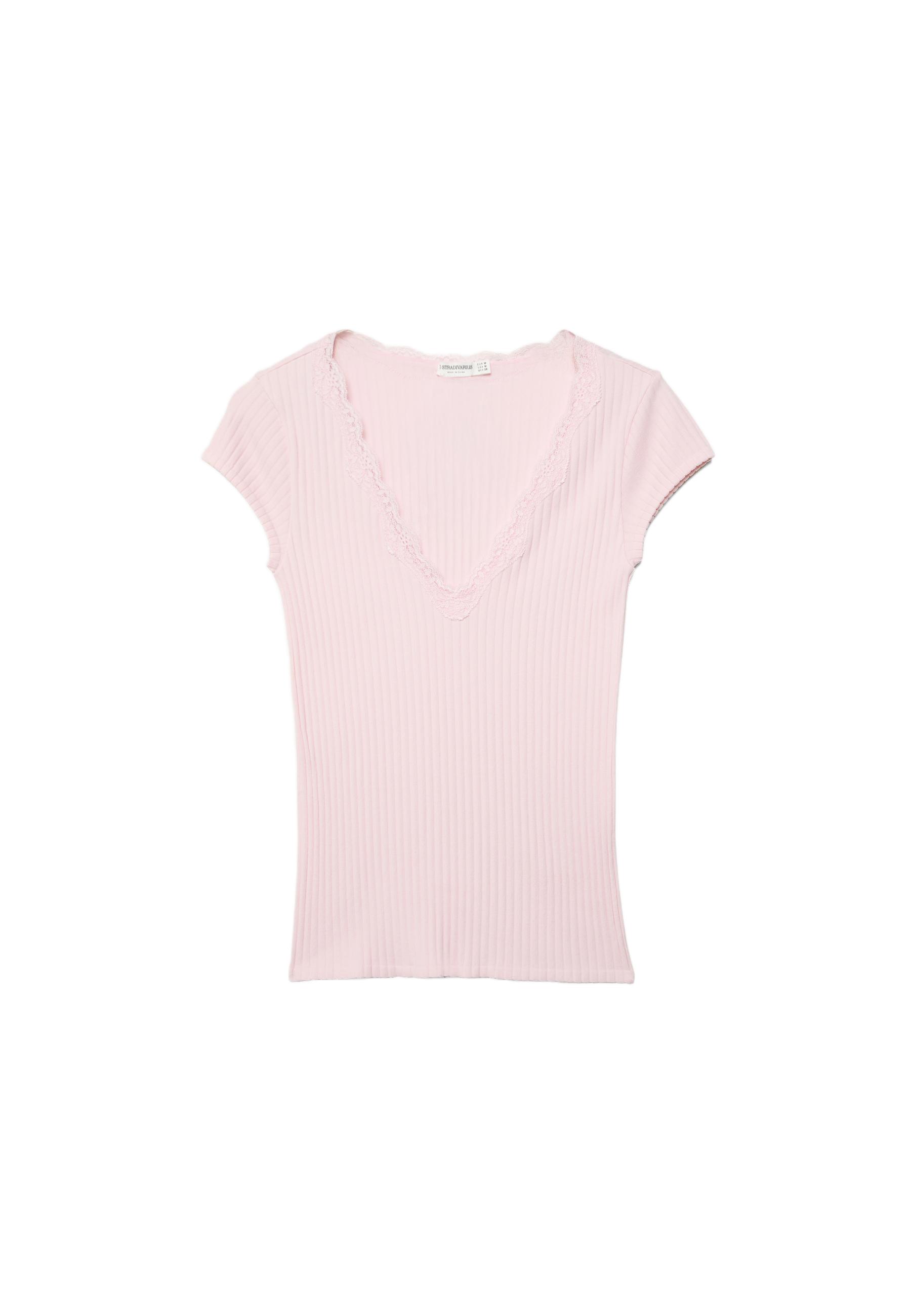 V-neck lace short sleeve T-shirt — Salmon pink