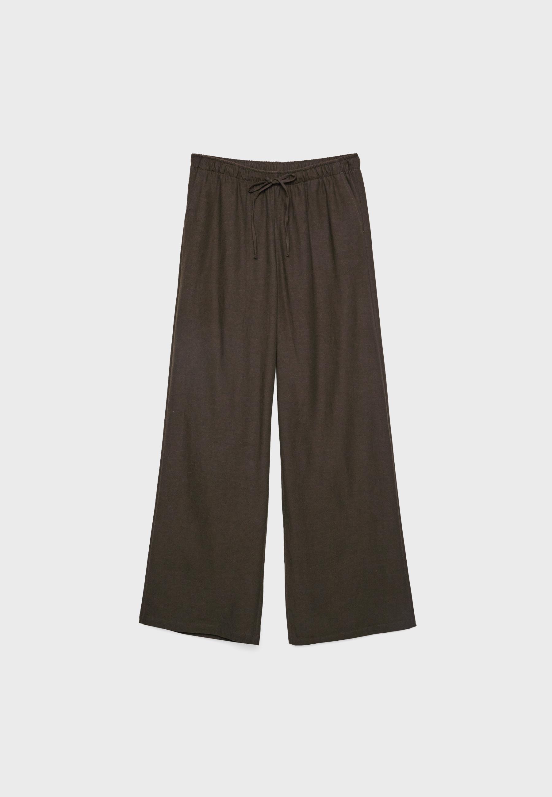Linen-effect drawstring trousers — Brown
