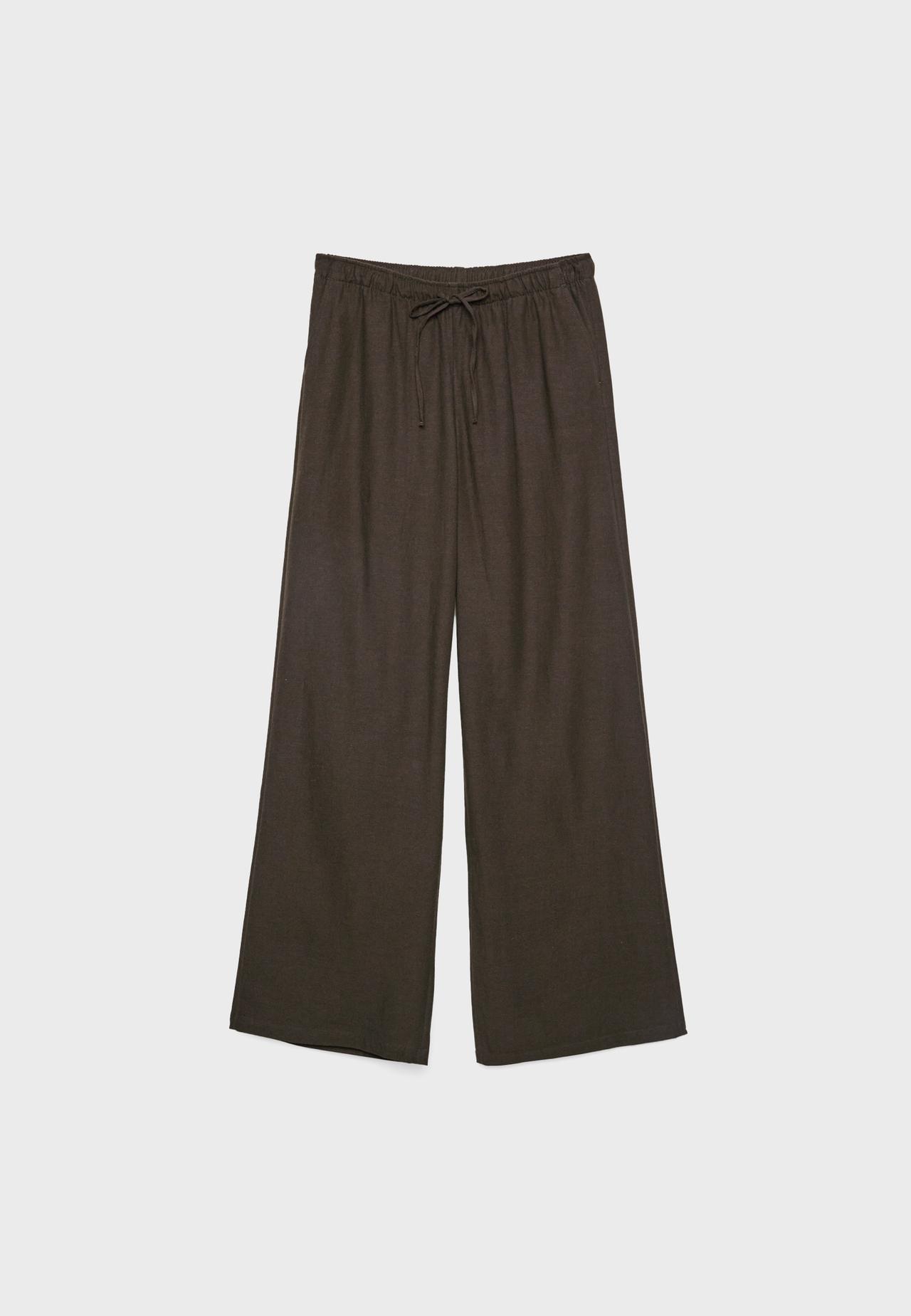 Linen-effect drawstring trousers — Brown