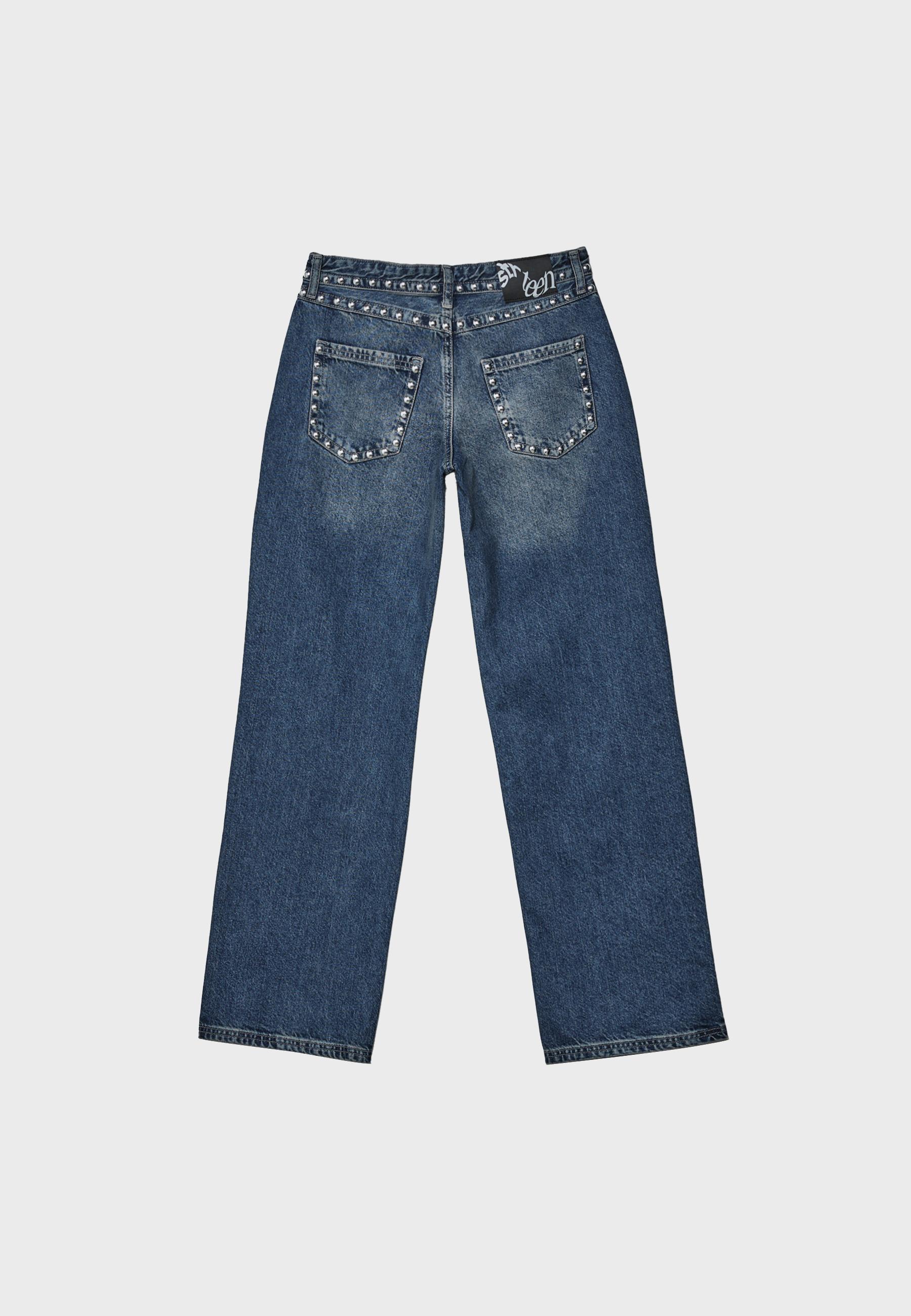 Studded Baggy Jeans — MEDIUM LIGHT BLUE DENIM
