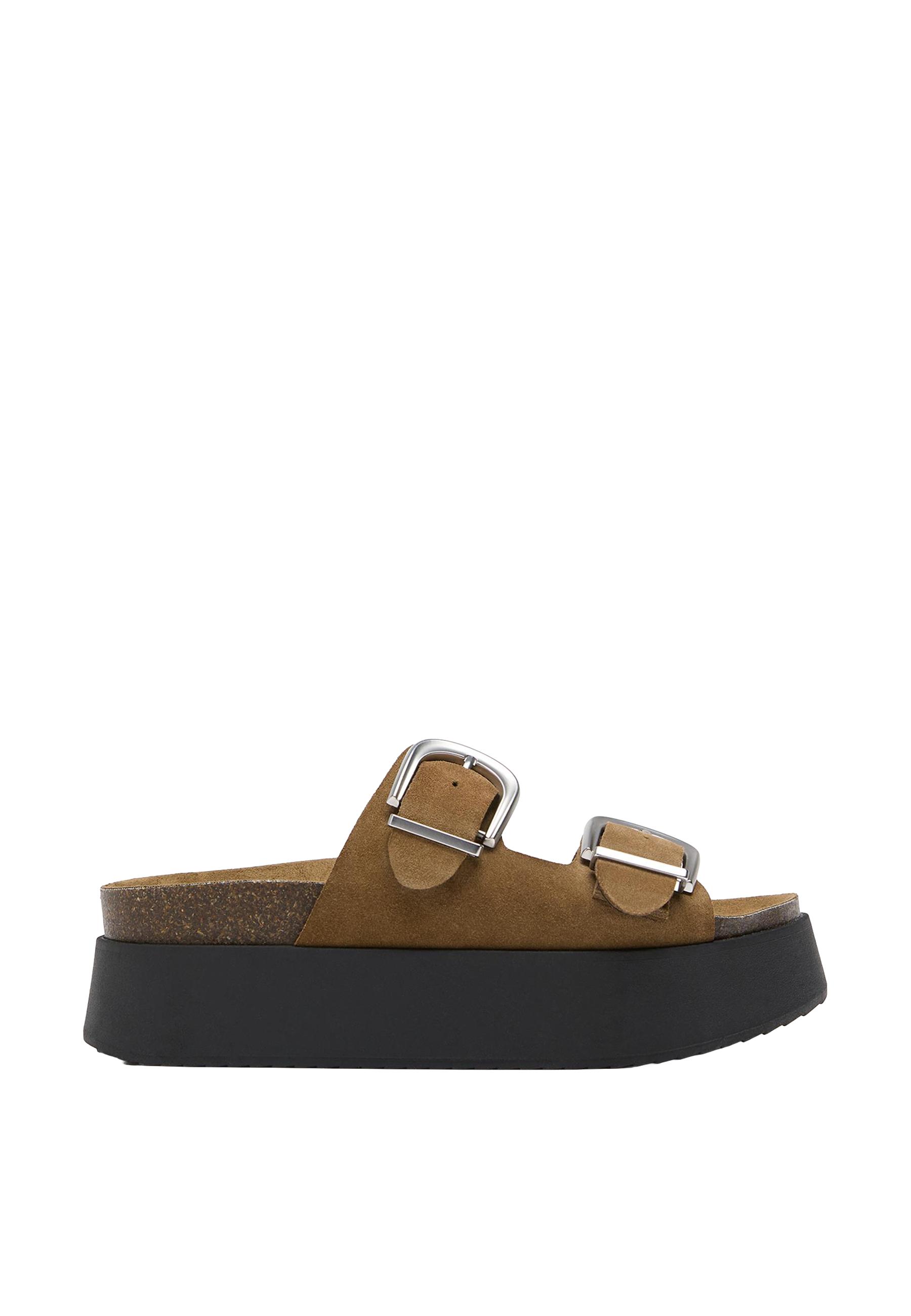 Platform leather buckle sandals — BEIGE