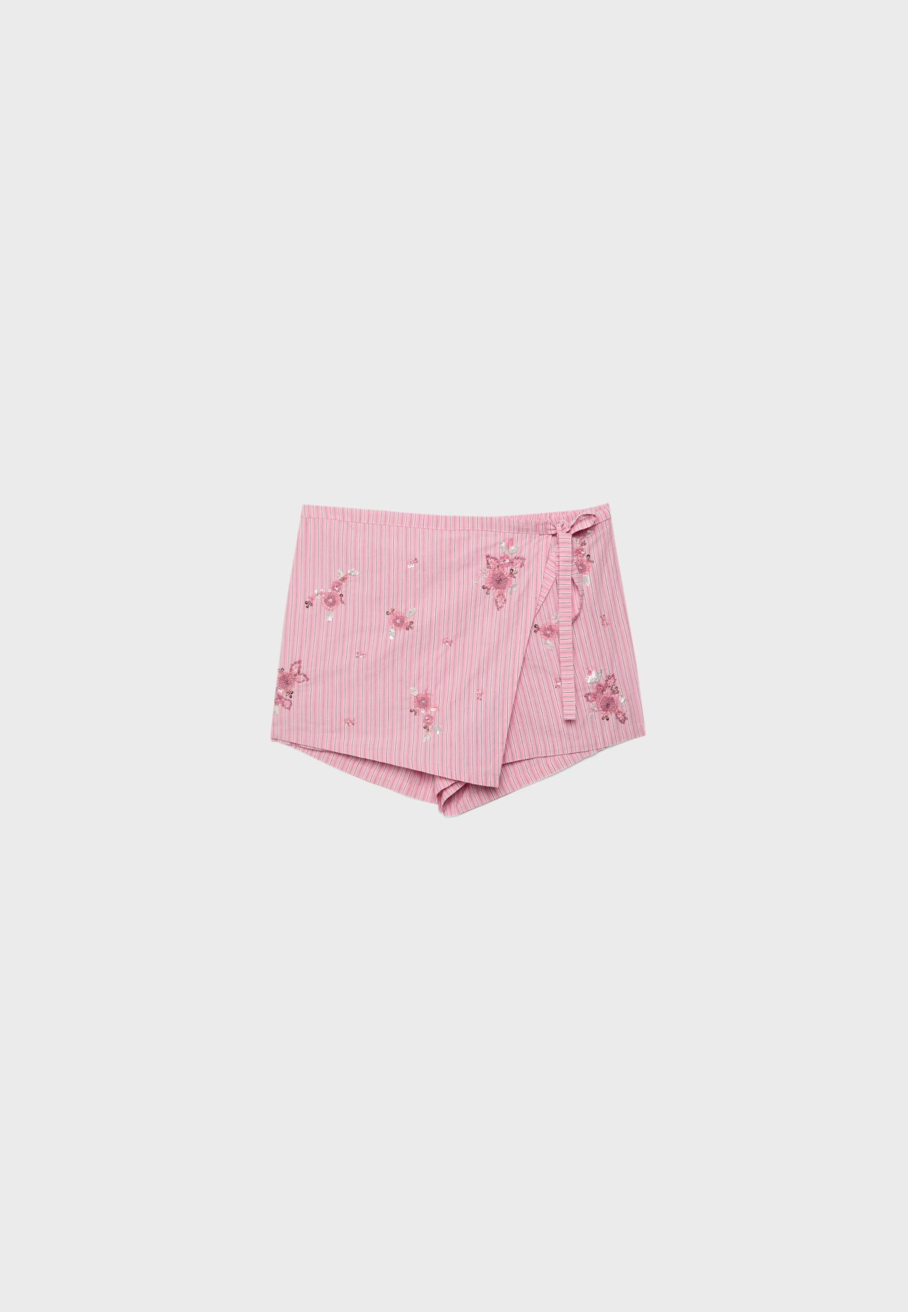 Embroidered striped sarong mini skort — Bubblegum pink