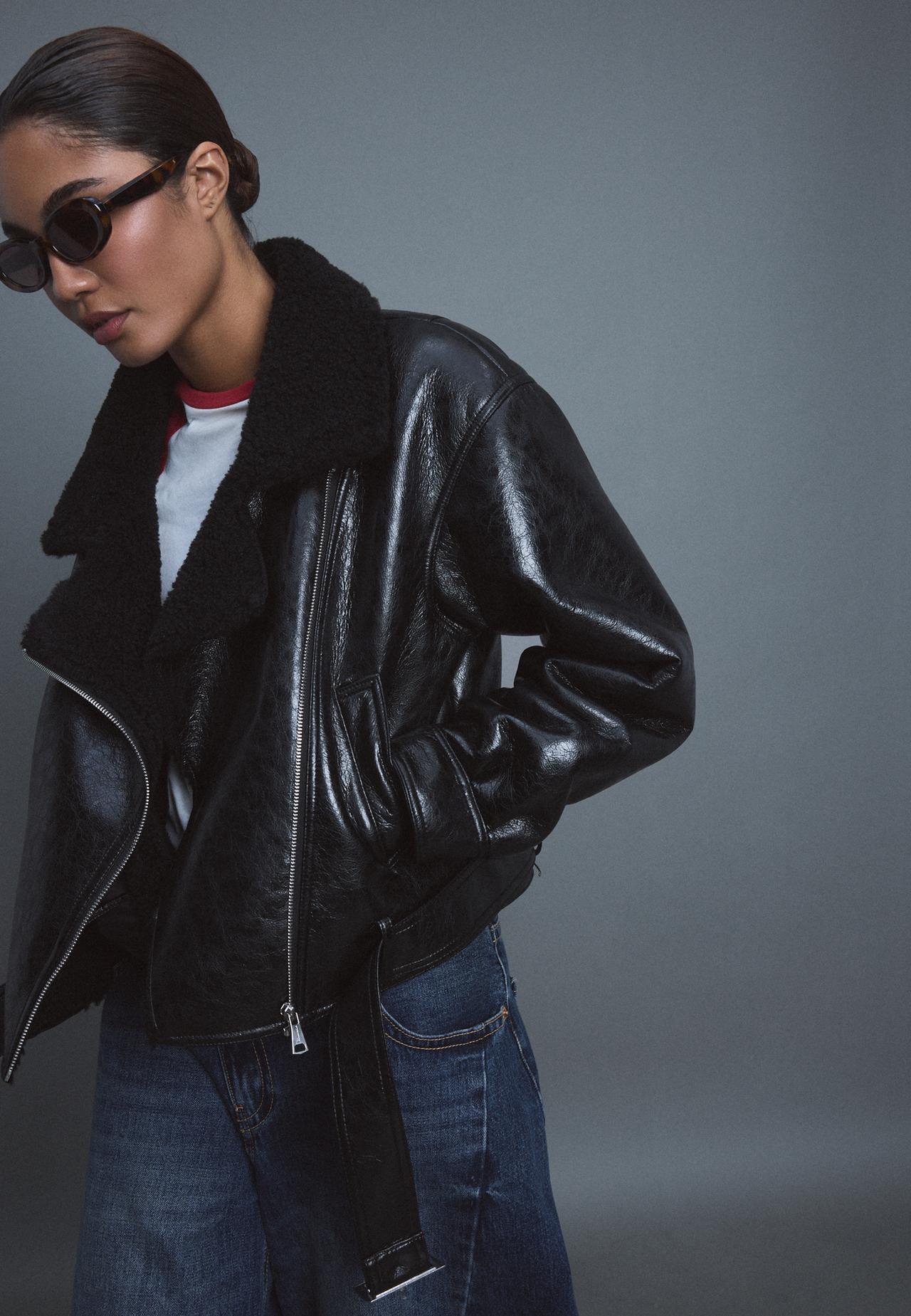 High neck double-faced biker jacket — Black