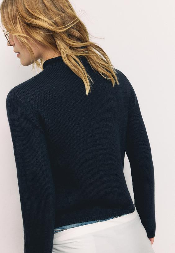 Stradivarius Stand Collar Knit Cardigan Dark Blue Xl