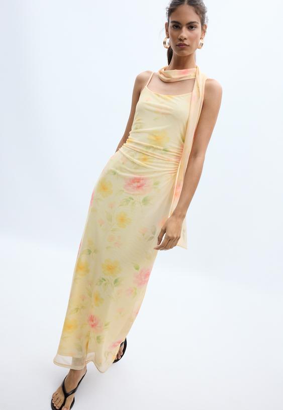 Desenli tül fularlı midi elbise - Görsel 3