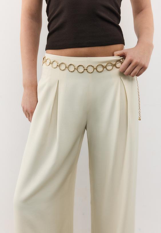 Stradivarius Satin Trousers With Chain Detail Ecru 6