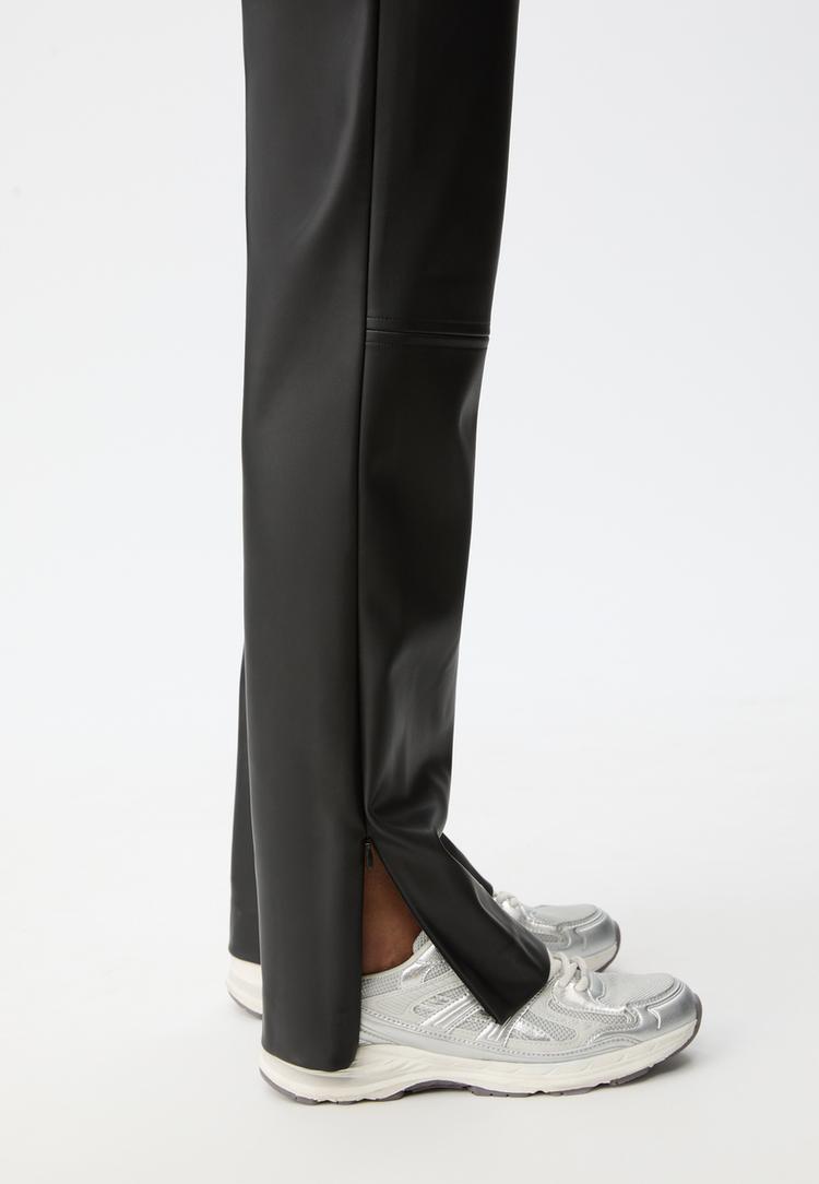 straight leg leather effect trousers with side zip