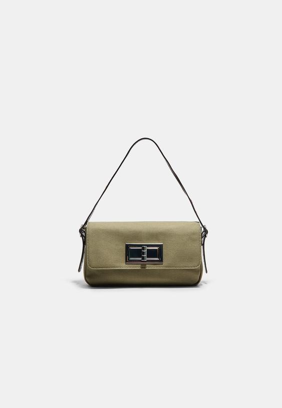 Stradivarius Compact Shoulder Bag With Metal Clasp Khaki Os