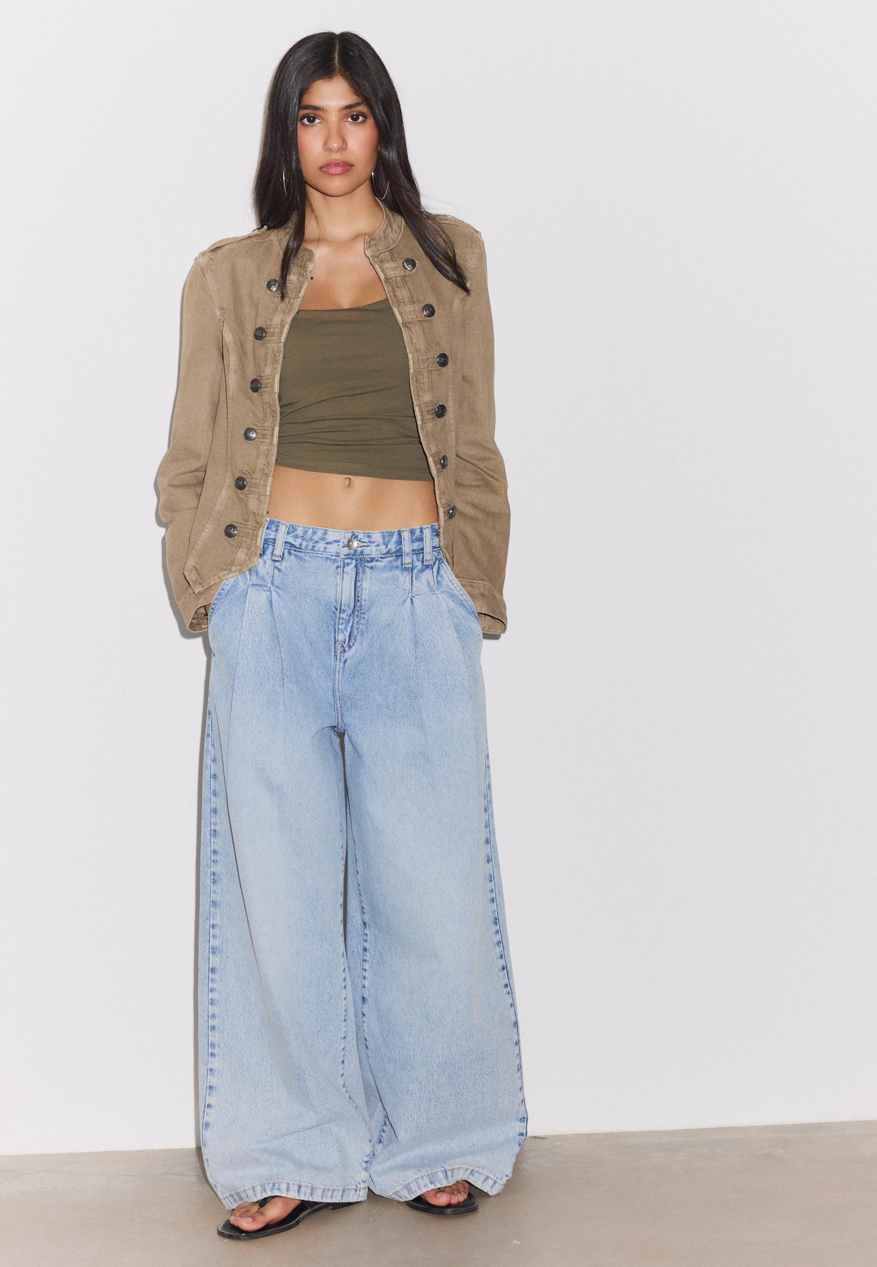 Stradivarius Τζιν Παντελόνι Wide Leg Με Πιέτες Γαλάζιο 40