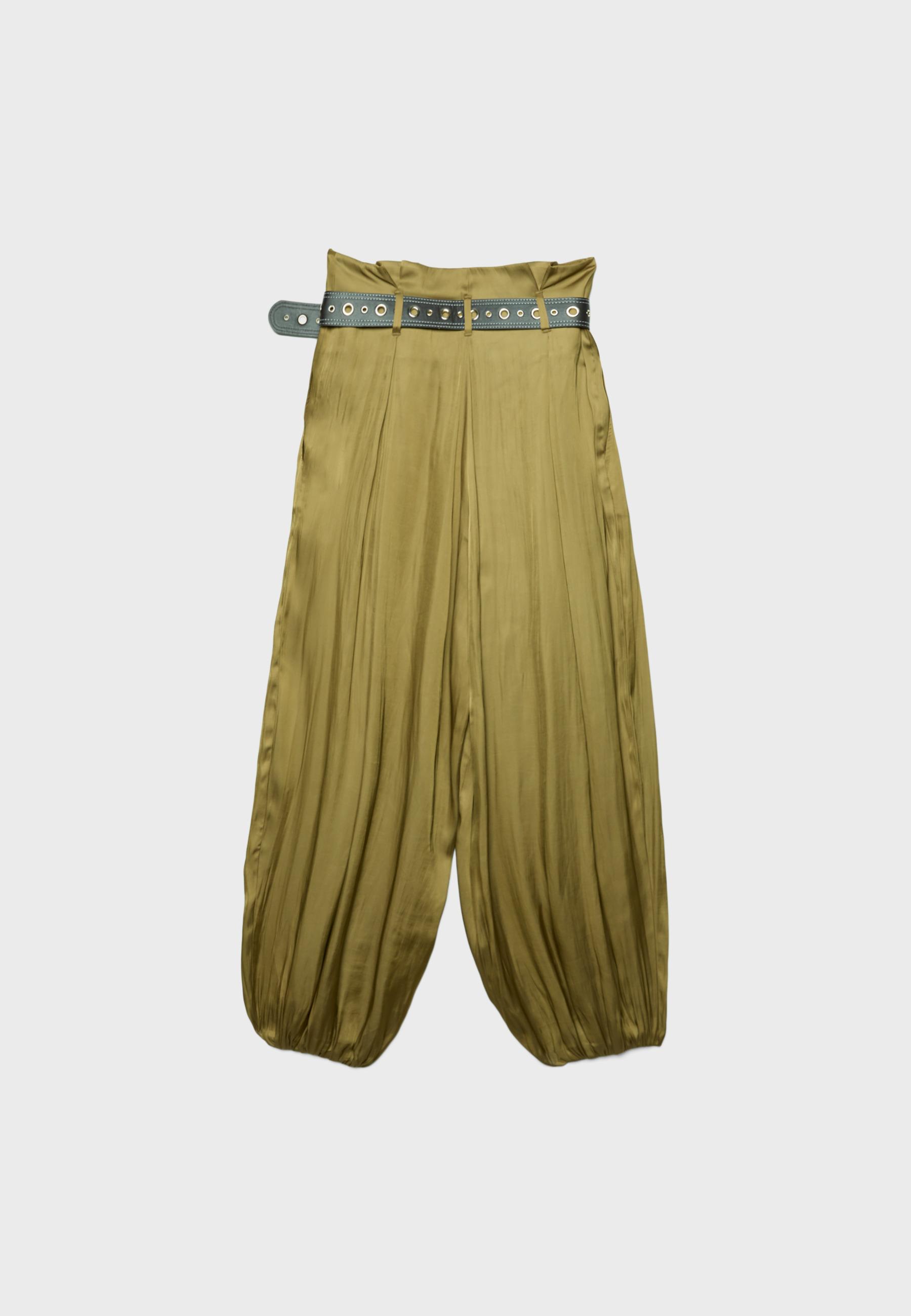 Kemerli saten yüzeyli şalvar pantolon