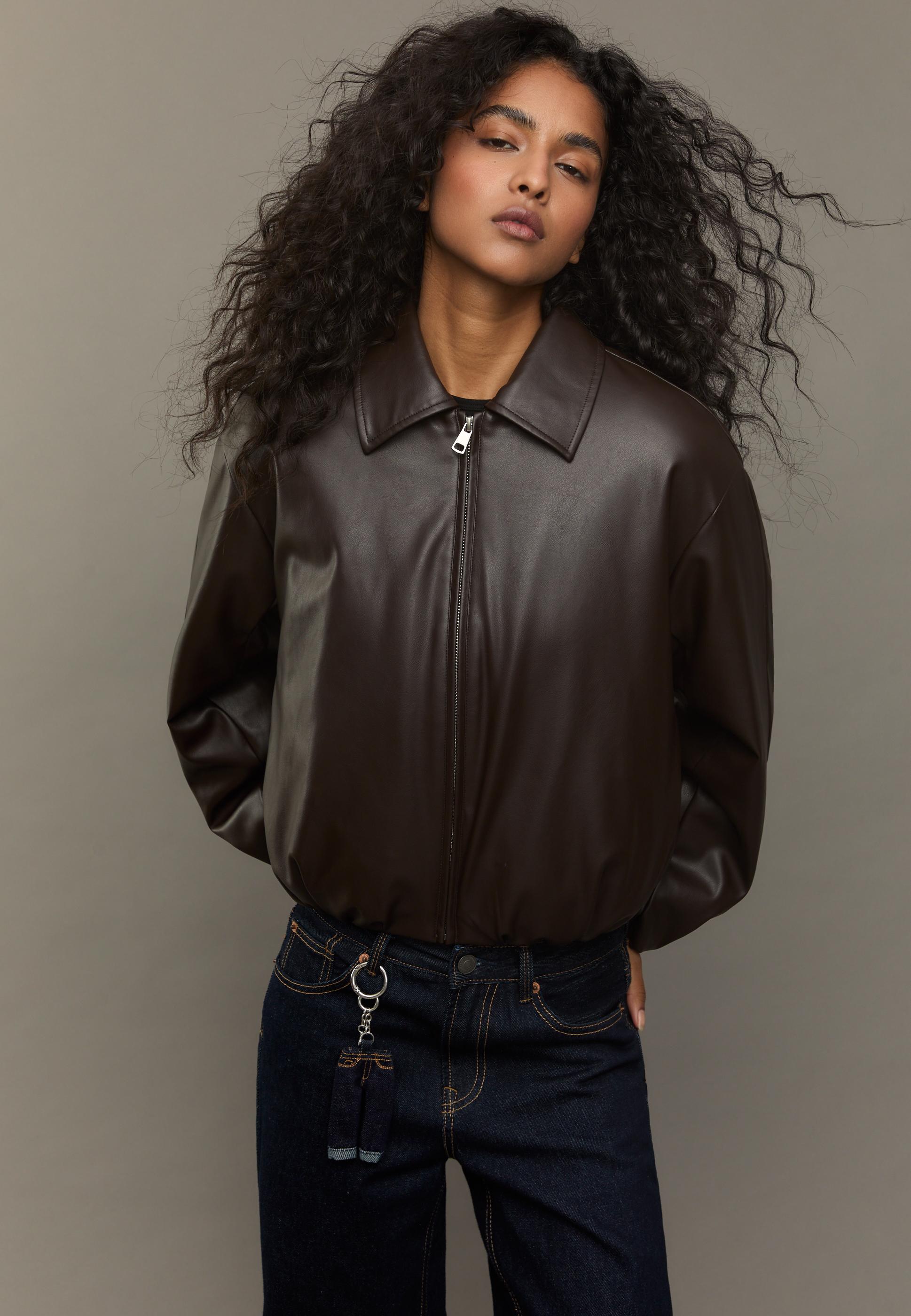 Padded leather effect bomber jacket — Brown