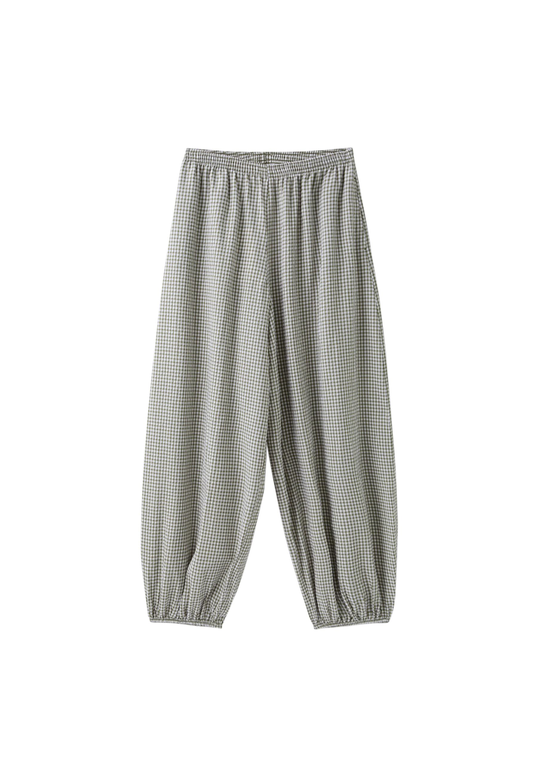 Stradivarius Kare desenli volümlü pantolon görsel 5