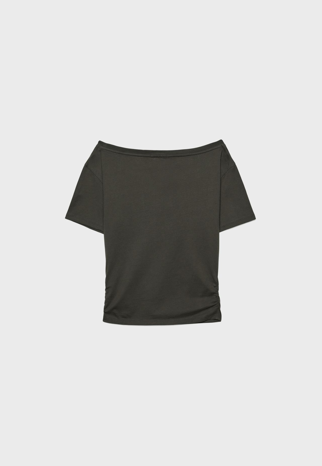 Short sleeve boat neck gathered top — Brown