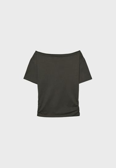 Short sleeve boat neck gathered top — Brown 7
