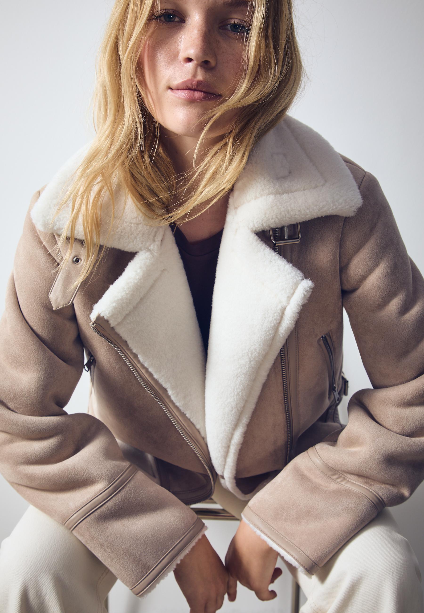 Faux suede biker jacket — Ecru