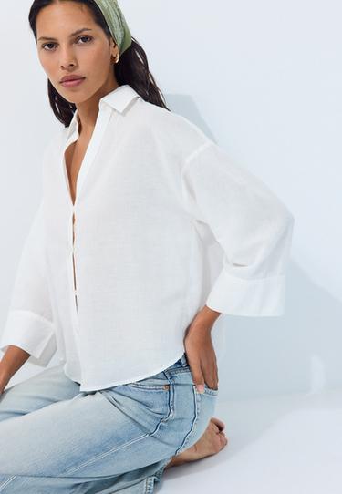 Linen-effect kimono sleeve shirt — White 3
