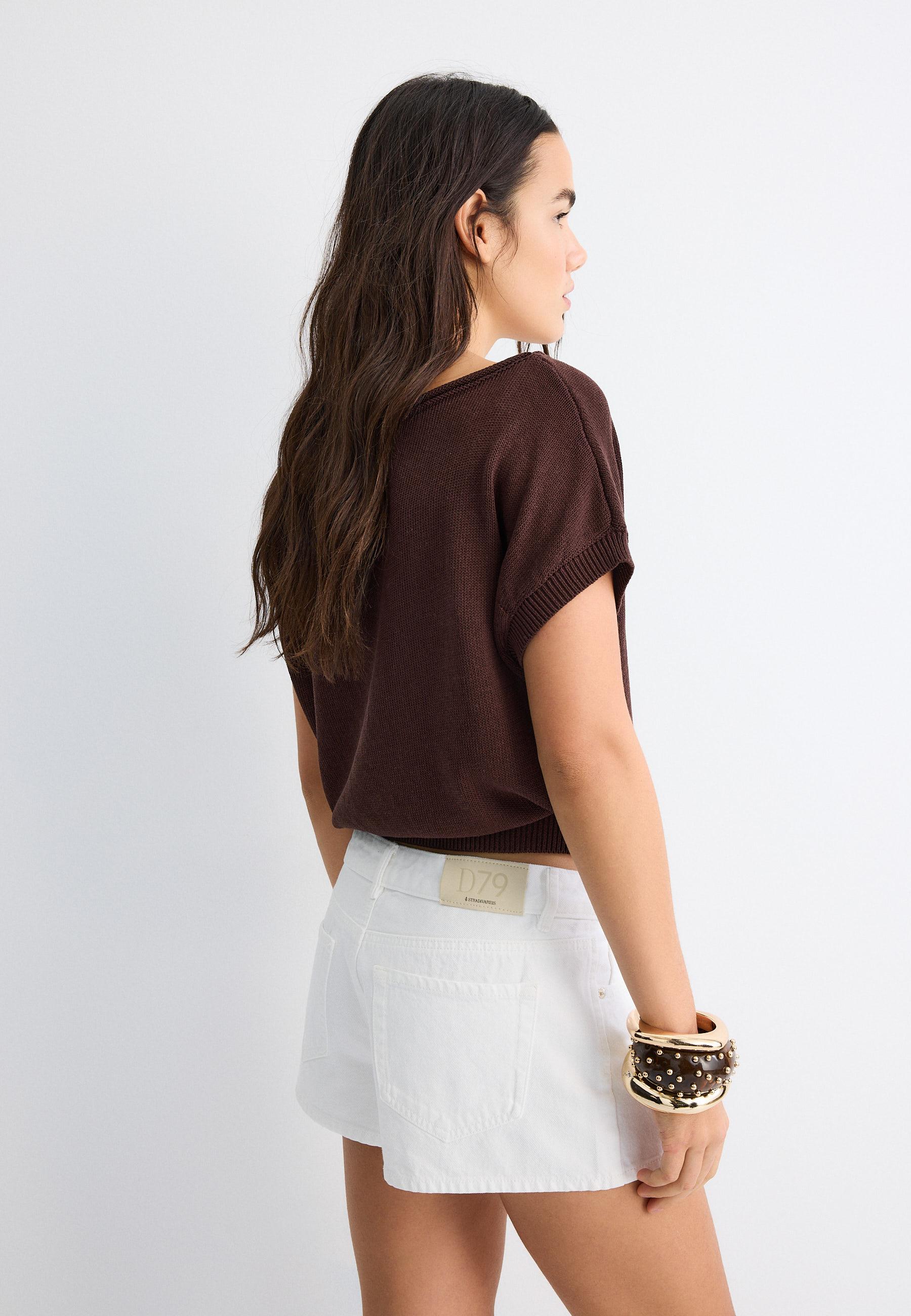 Rustic knit boat neck top — Brown