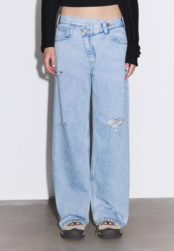 Stradivarius Wide-Leg Crossover Waist Jeans Medium Light Blue Denim 14