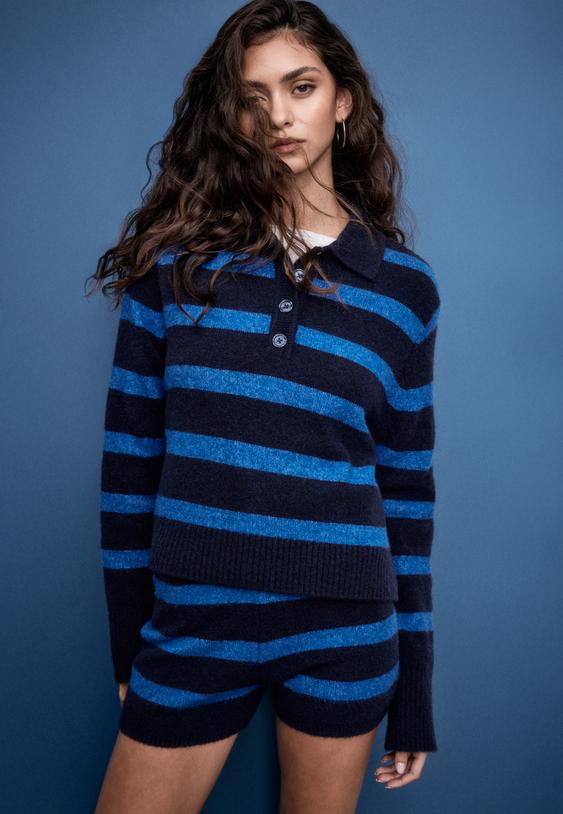 Stradivarius Pulover Polo Din Tricot Cu Dungi Albastru Electric Xs