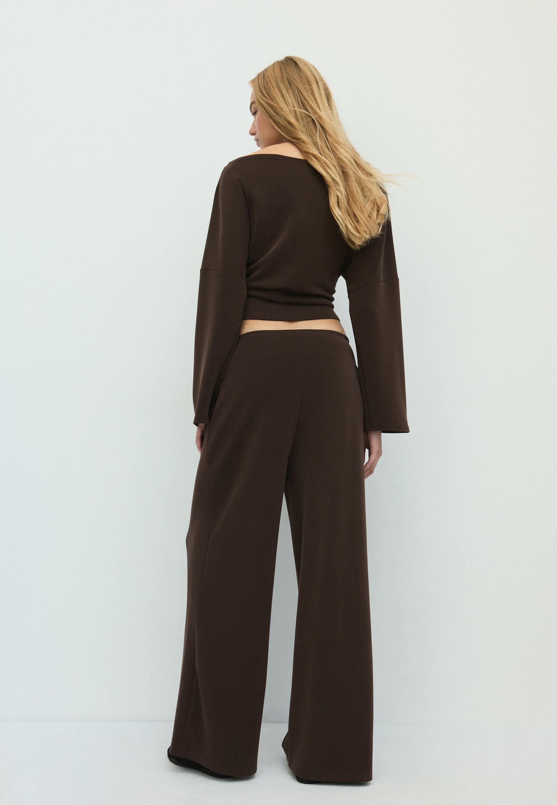 Soft-touch wide-leg trousers with darts — Brown