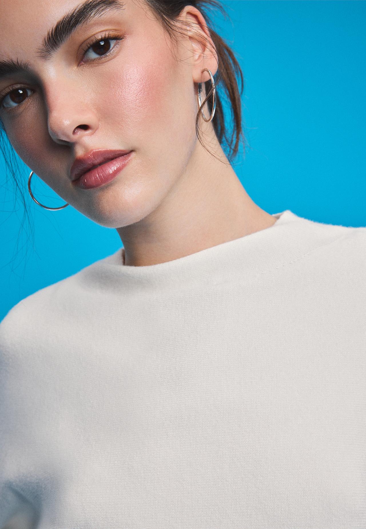 Knit jumper with kimono sleeves and stand collar — Ecru