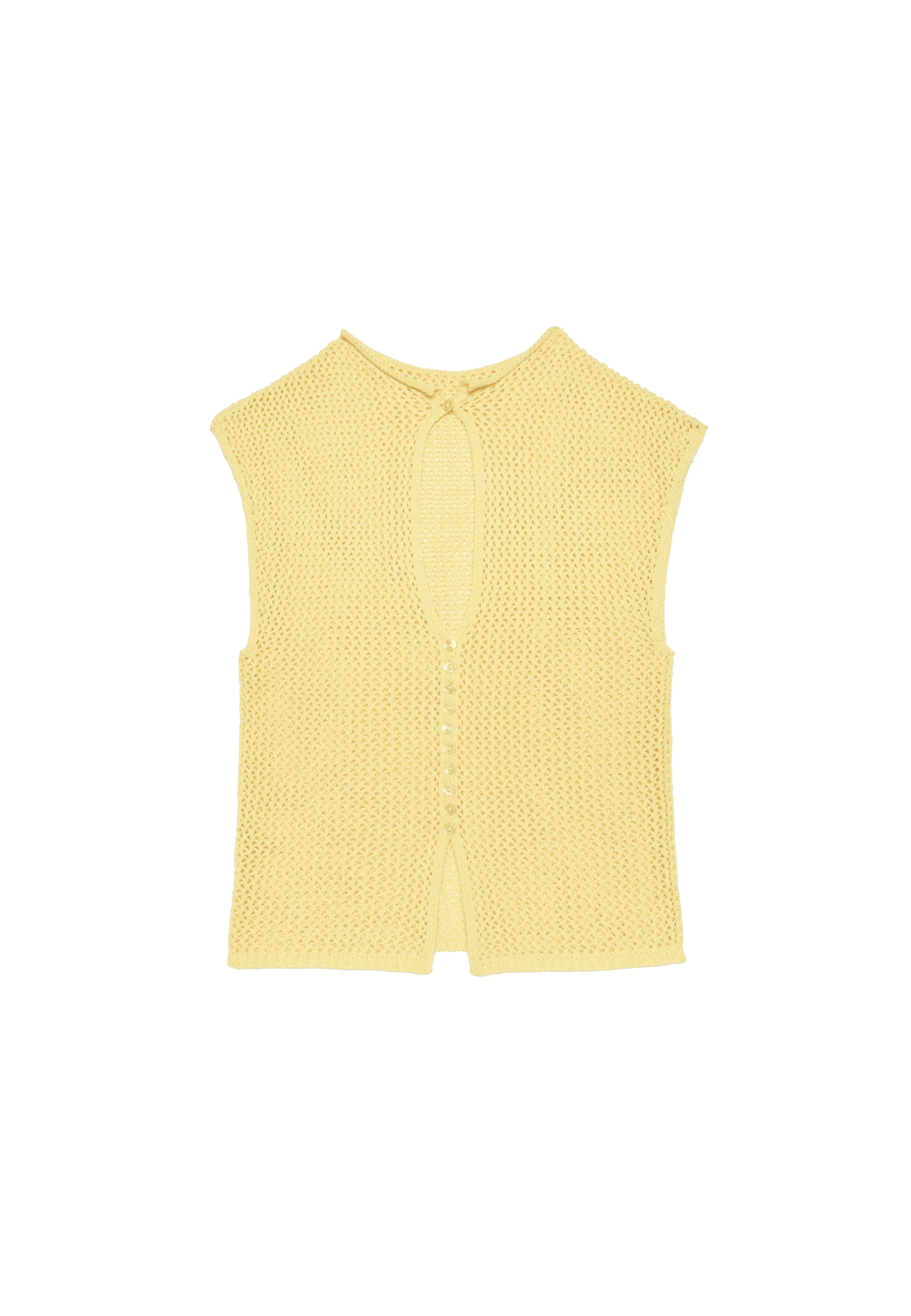 Cutwork split-neck knit top — Pastel yellow