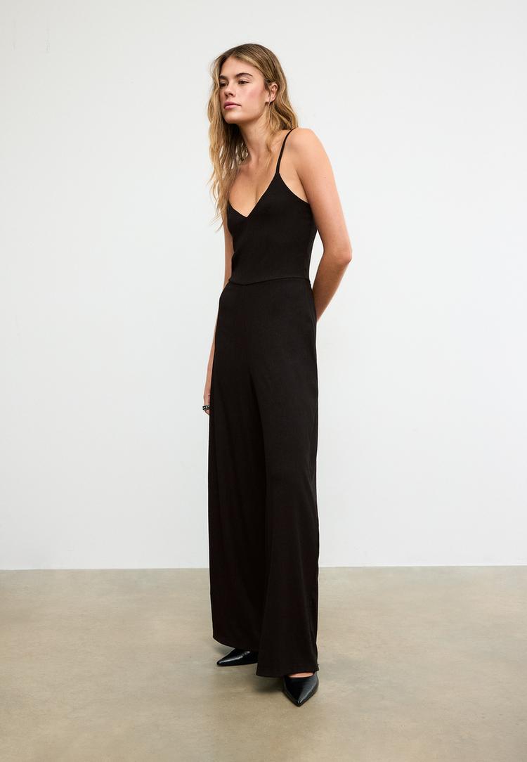 Stradivarius Μακριά Ριχτή Ολόσωμη Φόρμα Με Τιράντες Μαύρο Xs