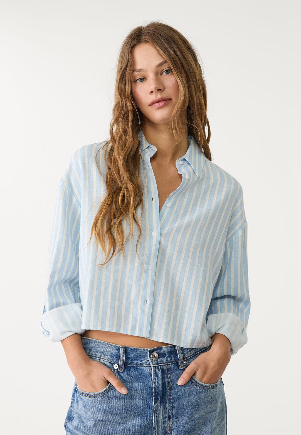 Striped linen blend cropped shirt